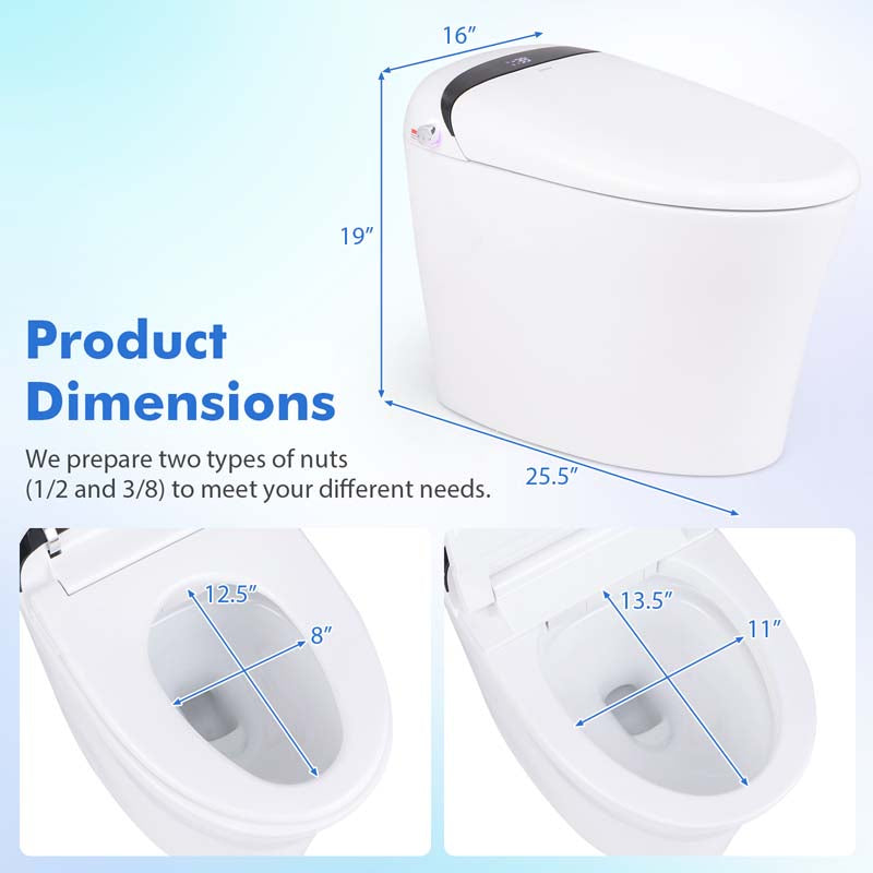 25.5" x 16" x 19" Elongated Smart Toilet Bidet with 1.28 GPF Dual Auto Flush, Adjustable Heated Seat, Dryer, Auto Open/Close Lid, Kick Sensor, Night Light