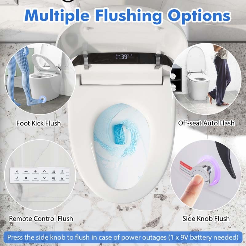 25.5" x 16" x 19" Elongated Smart Toilet Bidet with 1.28 GPF Dual Auto Flush, Adjustable Heated Seat, Dryer, Auto Open/Close Lid, Kick Sensor, Night Light