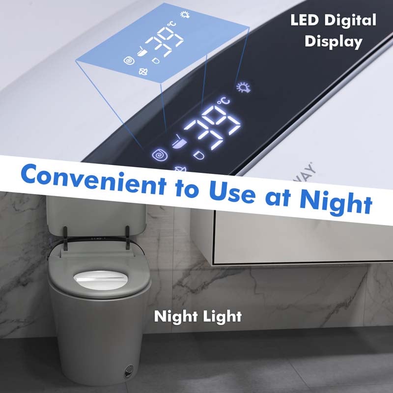 25.5" x 16" x 19" Elongated Smart Toilet Bidet with 1.28 GPF Dual Auto Flush, Adjustable Heated Seat, Dryer, Auto Open/Close Lid, Kick Sensor, Night Light