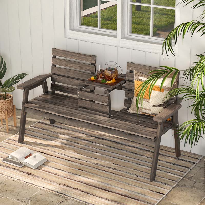 2-3 Person Outdoor Fir Wood Porch Bench Garden Slatted Seat Bench w/Foldable Middle Table, Backrest and Armrests