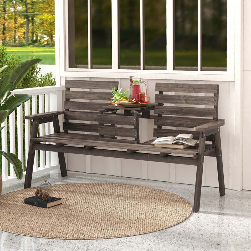 2-3 Person Outdoor Fir Wood Porch Bench Garden Slatted Seat Bench w/Foldable Middle Table, Backrest and Armrests