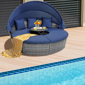 Outdoor Wicker Round Daybed with Retractable Canopy, Patio Sectional Seating Furniture with Cushions & Adjustable Side Table