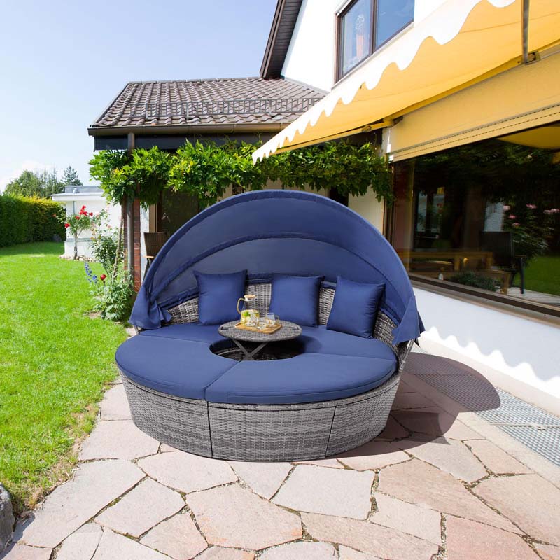 Outdoor Wicker Round Daybed with Retractable Canopy, Patio Sectional Seating Furniture with Cushions & Adjustable Side Table