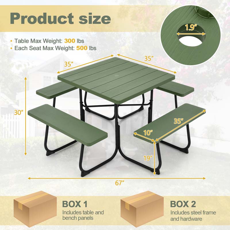 8 Person HDPE Outside Table & Bench Set, Outdoor Square Picnic Table with 4 Built-in Benches, Umbrella Hole, Metal Frame