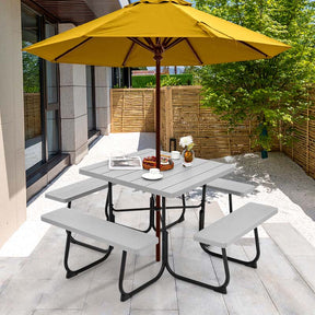 8 Person HDPE Outside Table & Bench Set, Outdoor Square Picnic Table with 4 Built-in Benches, Umbrella Hole, Metal Frame