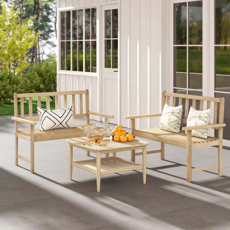 47"W Outdoor Teak Wood 2-Person Patio Garden Bench with Slatted Seat, Backrest and Armrests