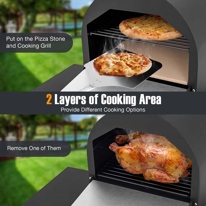 2-Layer Outdoor Pizza Oven Wood Fired Pizza Maker Stove with 12" Pizza Stone & Side Shelves, Thermometer, Protective Cover