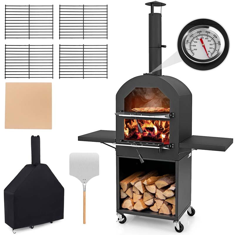 Portable Pizza Maker on Wheels for Outside Charcoal Grill, Outdoor Wood Fired Pizza Oven Stove w/2 Side Tables, 12" Pizza Stone