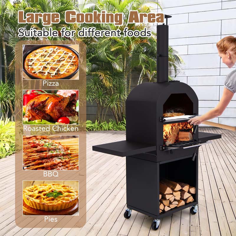 Portable Pizza Maker on Wheels for Outside Charcoal Grill, Outdoor Wood Fired Pizza Oven Stove w/2 Side Tables, 12" Pizza Stone