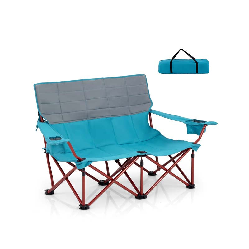 2-Person Folding Loveseat Camping Couch Chair with Cup Holders & Thick Padding, Outdoor Lawn Chair for Beach Picnic Travel