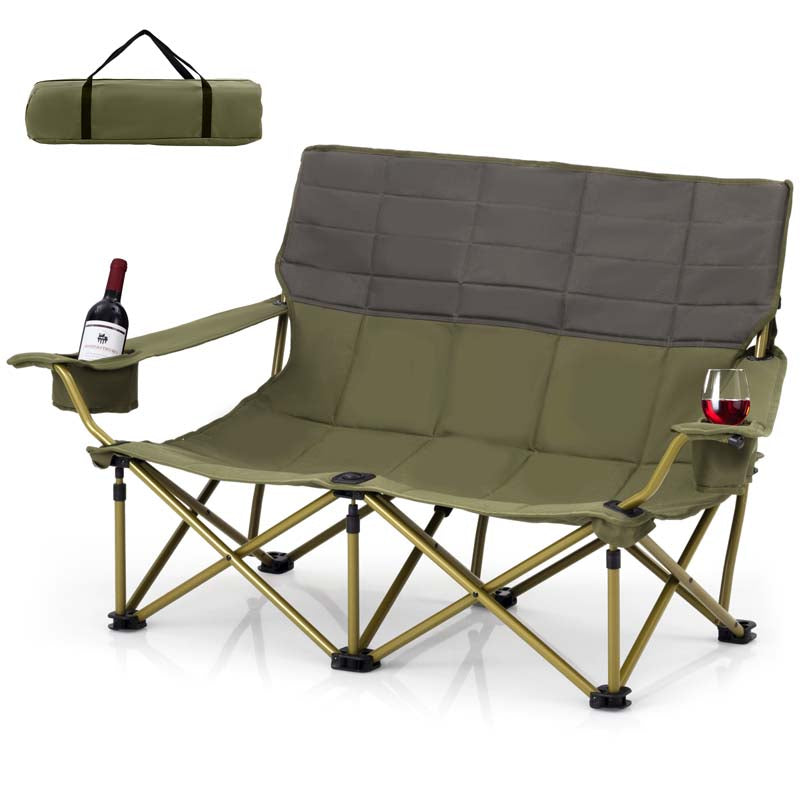 2-Person Folding Loveseat Camping Couch Chair with Cup Holders & Thick Padding, Outdoor Lawn Chair for Beach Picnic Travel