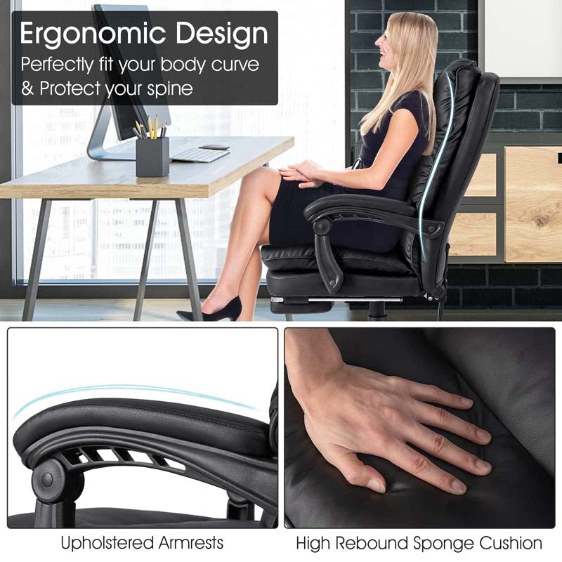 Adjustable Executive Office Reclining Chair with Retractable Footrest,  330 lbs PU Leather Swivel Computer Desk Chair for Office Home
