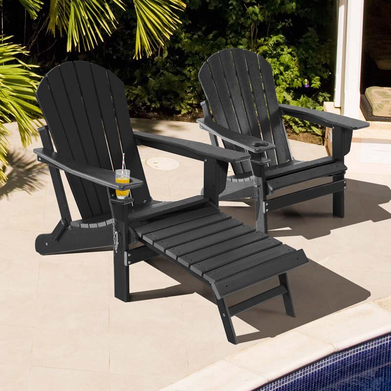 All-Weather Folding Adirondack Chair w/Retractable Ottoman & Cup Holder, HDPE Plastic Resin Outdoor Patio Lounger for Pool Deck