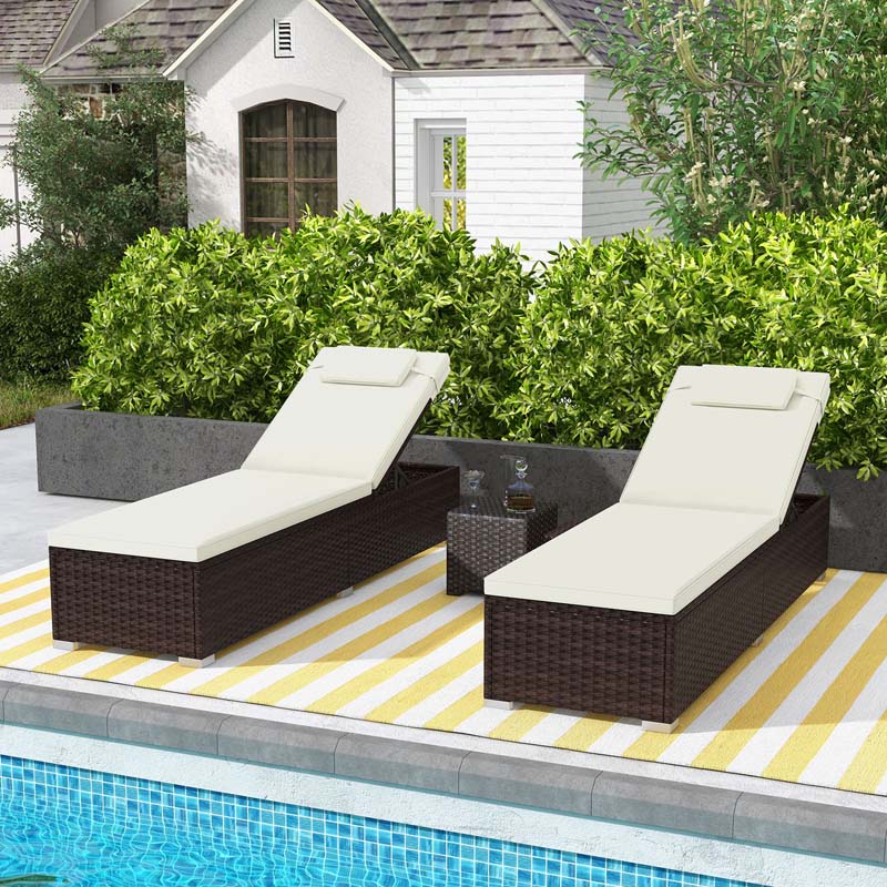 Set of 2 Rattan Patio Chaise Lounge Chair with 6-Level Backrest, Seat Cushion & Headrest, Outside Reclining Chair for Backyard