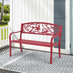 2-3 Person Heavy-Duty Metal Park Bench Outdoor Patio Chair Garden Bench with Bird & Twig Cast Iron Back Pattern