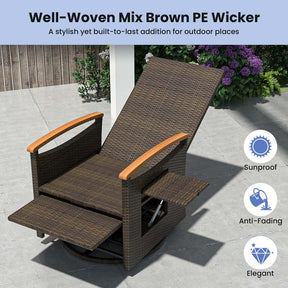 Outdoor 360° Swivel Rattan Recliner Chair, Patio Wicker Chaise Lounge Chair with Adjustable Backrest & Footrest, Flip Side Table & Cushions