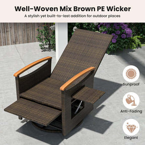 Outdoor 360° Swivel Rattan Recliner Chair, Patio Wicker Chaise Lounge Chair with Adjustable Backrest & Footrest, Flip Side Table & Cushions