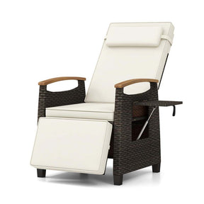 Patio Rattan Wicker Recliner Chair Push Back Reclining Lounge Chair w/Adjustable Backrest & Footrest, Flip Side Table, Cushion