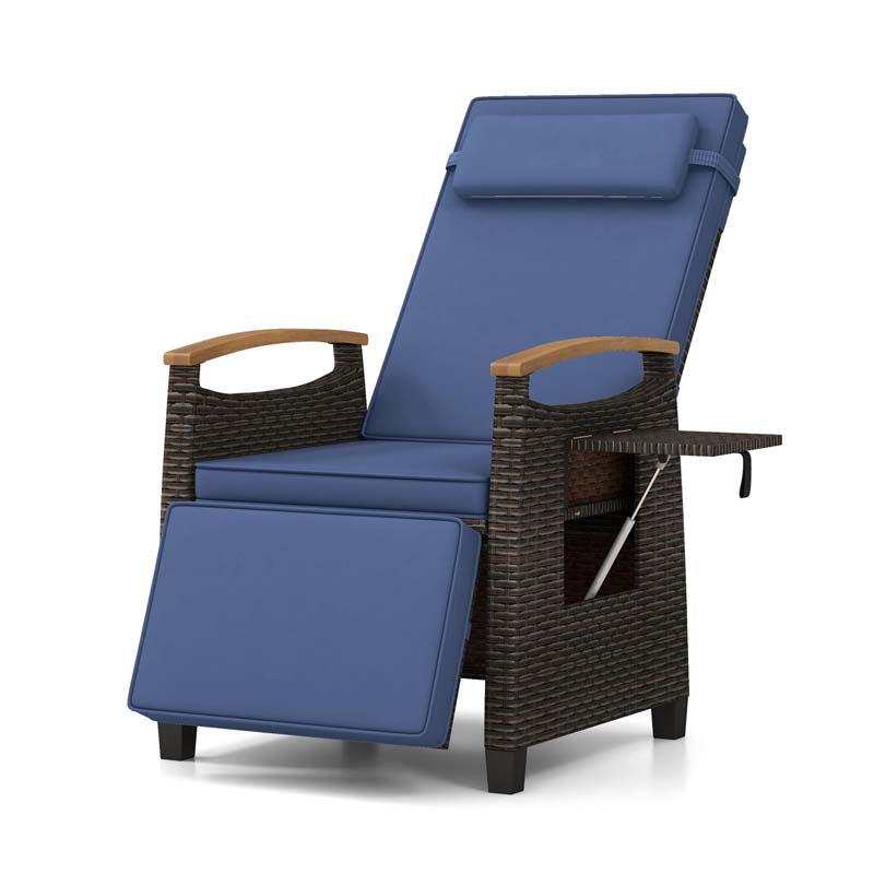 Patio Rattan Wicker Recliner Chair Push Back Reclining Lounge Chair w/Adjustable Backrest & Footrest, Flip Side Table, Cushion