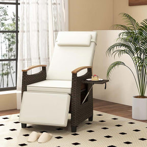 Patio Rattan Wicker Recliner Chair Push Back Reclining Lounge Chair w/Adjustable Backrest & Footrest, Flip Side Table, Cushion