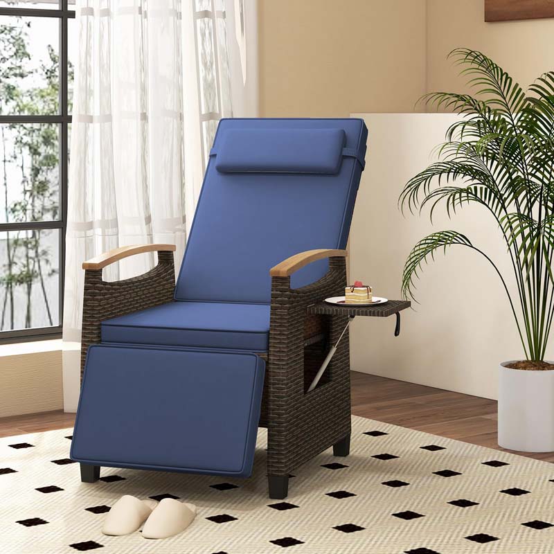 Patio Rattan Wicker Recliner Chair Push Back Reclining Lounge Chair w/Adjustable Backrest & Footrest, Flip Side Table, Cushion