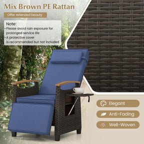 Patio Rattan Wicker Recliner Chair Push Back Reclining Lounge Chair w/Adjustable Backrest & Footrest, Flip Side Table, Cushion