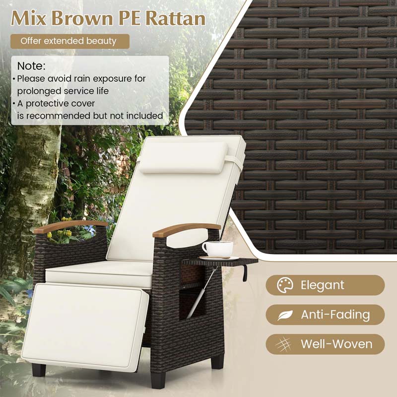 Patio Rattan Wicker Recliner Chair Push Back Reclining Lounge Chair w/Adjustable Backrest & Footrest, Flip Side Table, Cushion