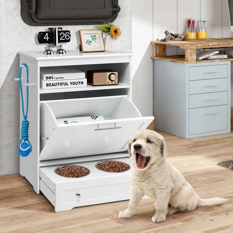 Dog Feeding Station Dog Food Storage Cabinet w/2 Raised Dog Bowls, Pull Out Elevated Dog Bowls for Water & Feeding Supplies, Pet Toy Storage Organizer