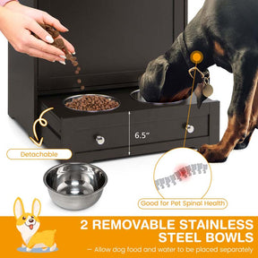 Dog Feeding Station Dog Food Storage Cabinet w/2 Raised Dog Bowls, Pull Out Elevated Dog Bowls for Water & Feeding Supplies, Pet Toy Storage Organizer