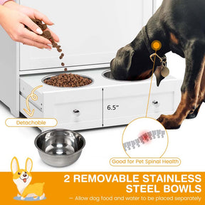 Dog Feeding Station Dog Food Storage Cabinet w/2 Raised Dog Bowls, Pull Out Elevated Dog Bowls for Water & Feeding Supplies, Pet Toy Storage Organizer