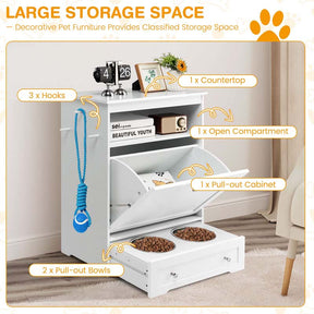 Dog Feeding Station Dog Food Storage Cabinet w/2 Raised Dog Bowls, Pull Out Elevated Dog Bowls for Water & Feeding Supplies, Pet Toy Storage Organizer