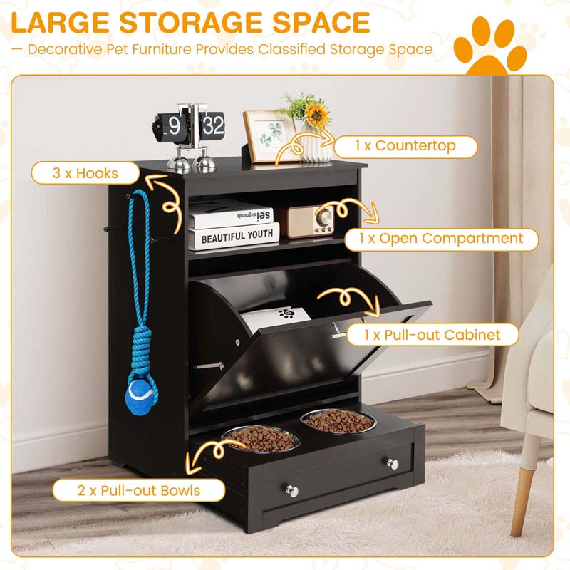 Dog Feeding Station Dog Food Storage Cabinet w/2 Raised Dog Bowls, Pull Out Elevated Dog Bowls for Water & Feeding Supplies, Pet Toy Storage Organizer