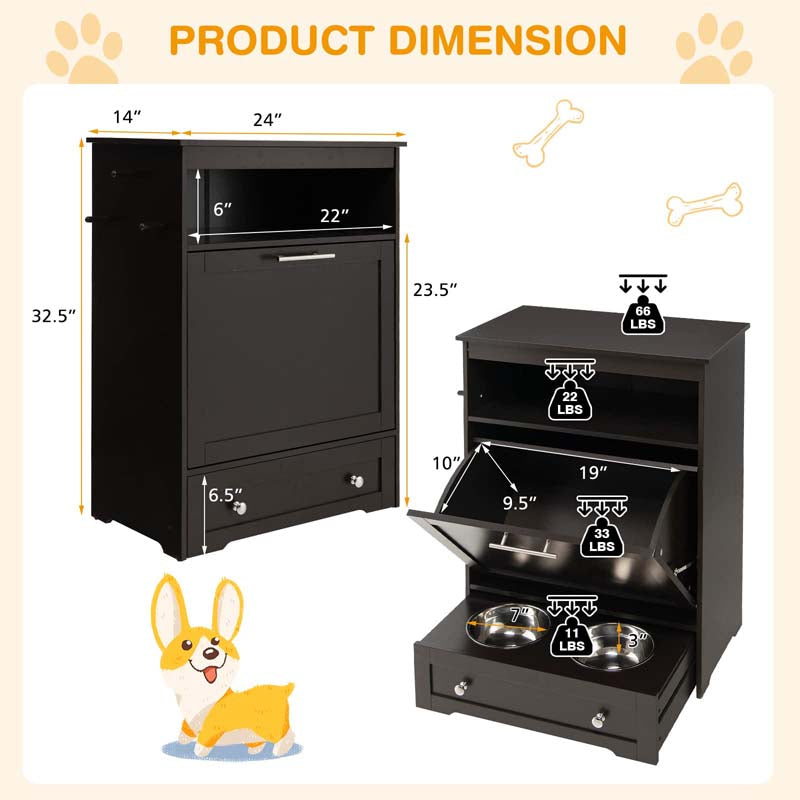 Dog Feeding Station Dog Food Storage Cabinet w/2 Raised Dog Bowls, Pull Out Elevated Dog Bowls for Water & Feeding Supplies, Pet Toy Storage Organizer