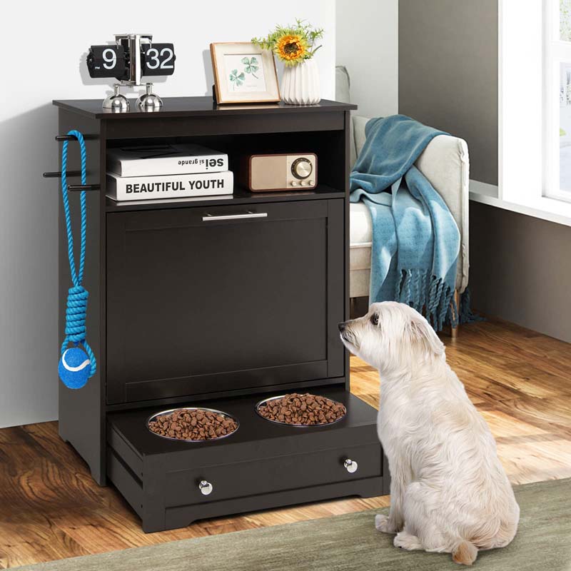 Dog Feeding Station Dog Food Storage Cabinet w/2 Raised Dog Bowls, Pull Out Elevated Dog Bowls for Water & Feeding Supplies, Pet Toy Storage Organizer