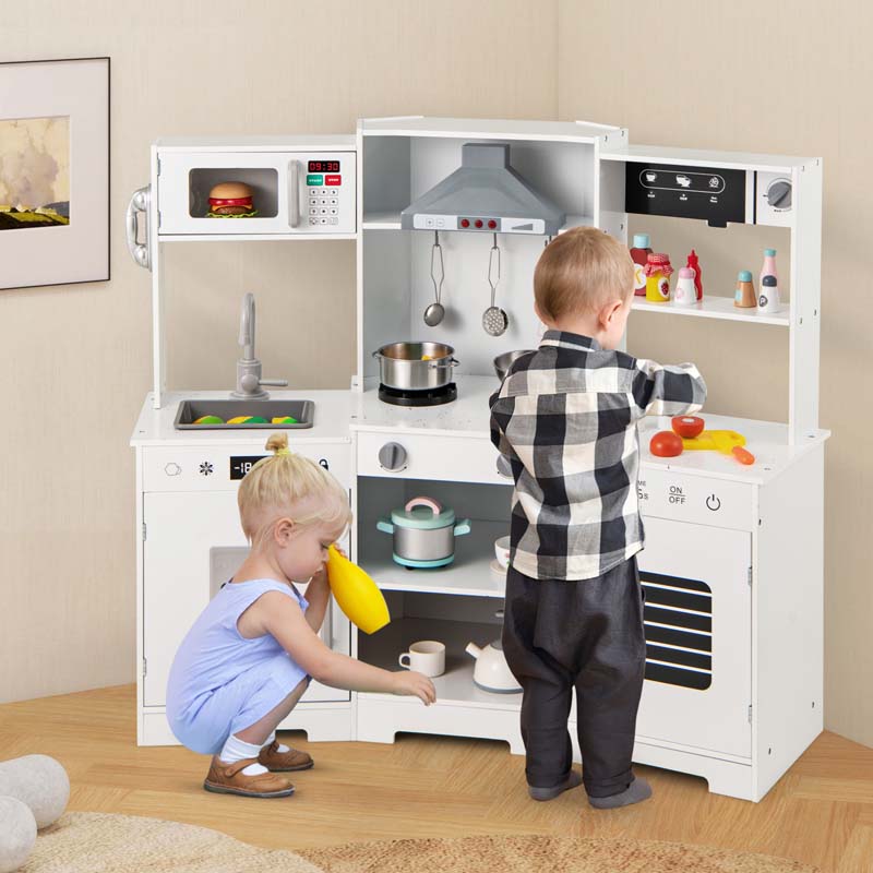 Wooden Corner Kids Kitchen Playset with Real Sounds & Lights, Range Hood, Little Chef Pretend Play Kitchen for Toddlers