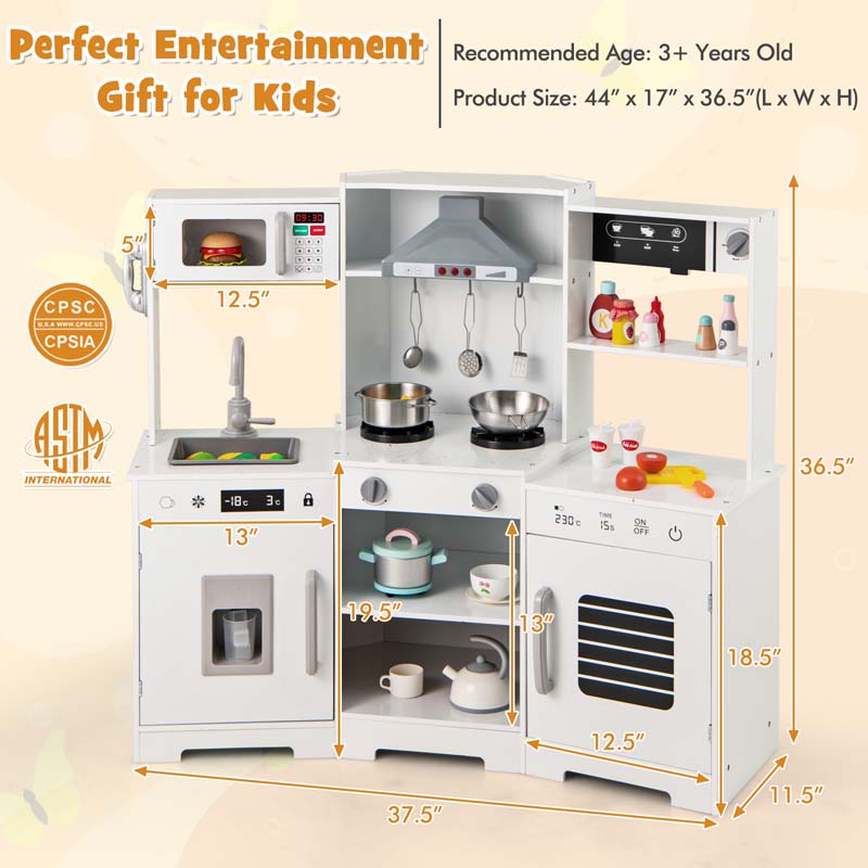 Wooden Corner Kids Kitchen Playset with Real Sounds & Lights, Range Hood, Little Chef Pretend Play Kitchen for Toddlers