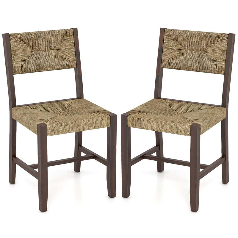 Rubber & Acacia Wood Rattan Dining Chairs with Woven Seaweed Backrest & Seat, Farmhouse Cane Side Chairs for Kitchen Dining Room