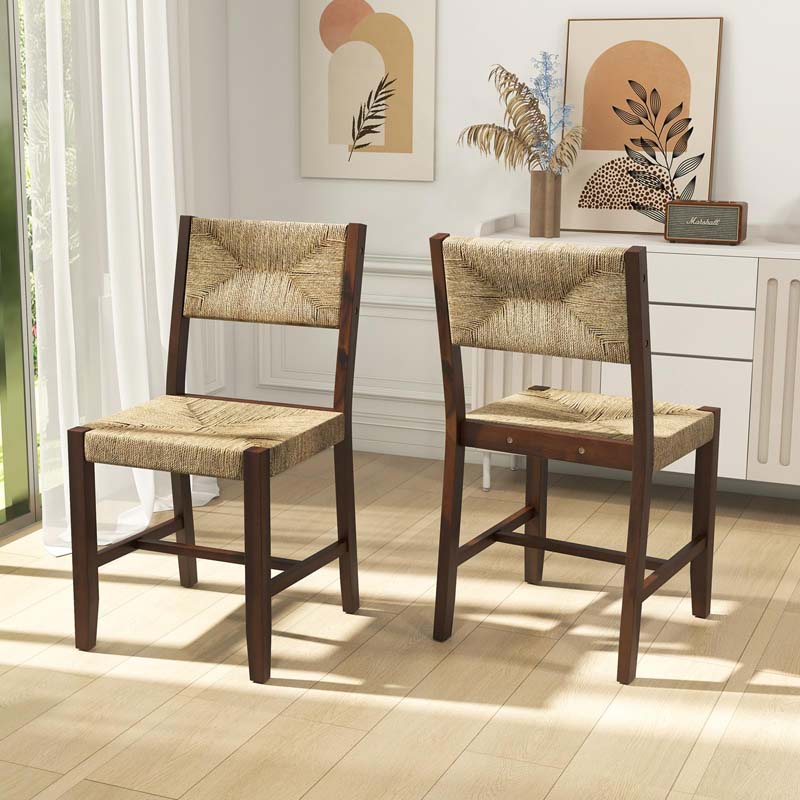 Rubber & Acacia Wood Rattan Dining Chairs with Woven Seaweed Backrest & Seat, Farmhouse Cane Side Chairs for Kitchen Dining Room