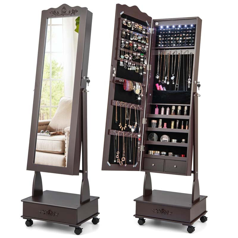 6 LEDs Mirror Floor Standing Jewelry Armoire with Wheels, Lockable Jewelry Cabinet Storage Organizer w/Full-Length Mirror and 3 Adjustable Angles