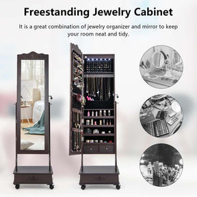 6 LEDs Mirror Floor Standing Jewelry Armoire with Wheels, Lockable Jewelry Cabinet Storage Organizer w/Full-Length Mirror and 3 Adjustable Angles