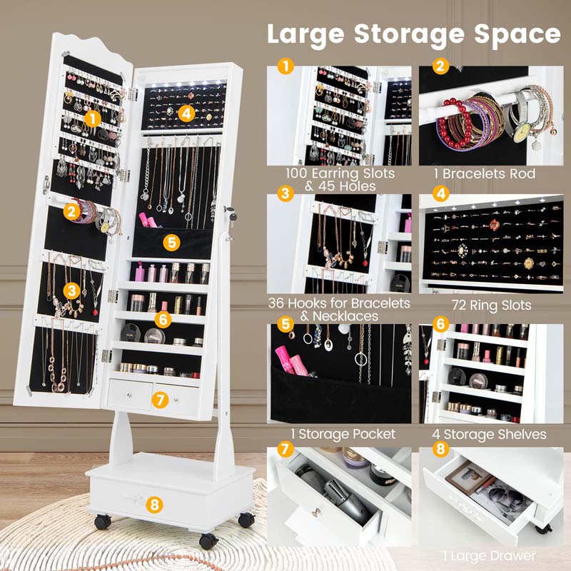 6 LEDs Mirror Floor Standing Jewelry Armoire with Wheels, Lockable Jewelry Cabinet Storage Organizer w/Full-Length Mirror and 3 Adjustable Angles