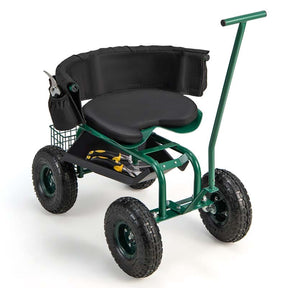 Green Rolling Garden Cart Workseat Garden Scooter with 360 Degree Swivel Cushioned Seat & Tool Storage, 2 Steering Handles
