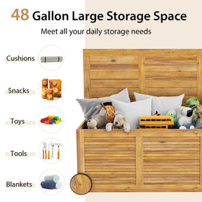 48 Gallon Wooden Rolling Patio Storage Deck Box, Garden Organizer Box with 2 Wheels, 1 Handle, Water-resistant Inner Bag