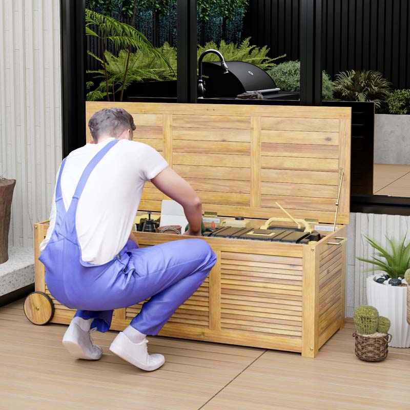 48 Gallon Wooden Rolling Patio Storage Deck Box, Garden Organizer Box with 2 Wheels, 1 Handle, Water-resistant Inner Bag