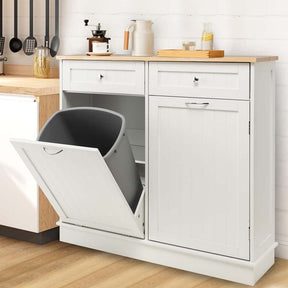 Tilt Out Trash Cabinet Kitchen Cabinet with 2 Drawers & Adjustable Shelf, Rubber Wood Counter Top, Recycle Bins for Dining Room, Kitchen
