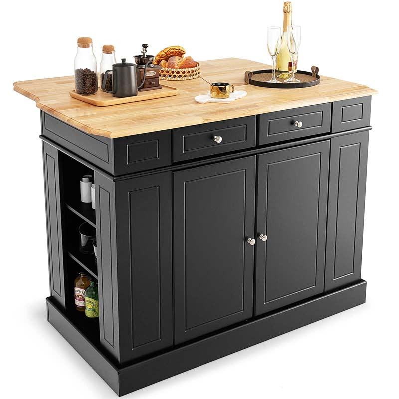 47" x36" x36" Rubber Wood Top Kitchen Island with Drop Leaf, 2 Drawers, Kitchen Storage Cabinets, Spice Racks, Adjustable Shelves