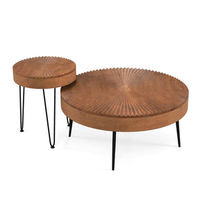 Set of 2 Boho Round Coffee Table for Living Room, Large Sofa Side Nesting Table with Solid Pine Wood Top & Metal Legs