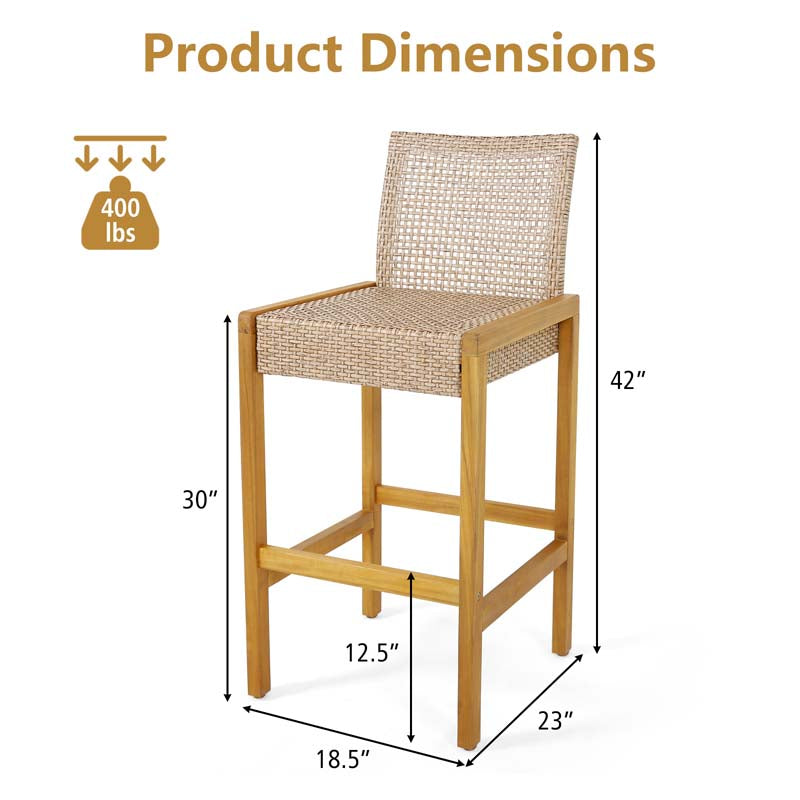 Rattan Wood Bar Stools Patio Dining Chairs with Backrest & Footrest, Indoor Outdoor Bar Height Chairs for Backyard Poolside