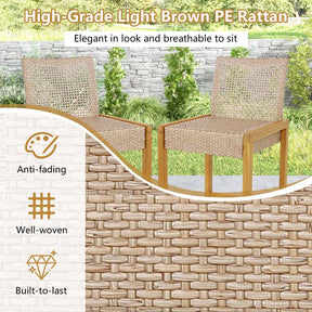 Rattan Wood Bar Stools Patio Dining Chairs with Backrest & Footrest, Indoor Outdoor Bar Height Chairs for Backyard Poolside