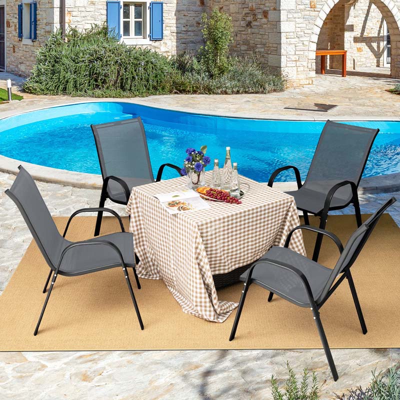 Set of 4 Outdoor Stackable Dining Chairs w/Breathable Fabric, All Weather Heavy Duty Rustproof Steel Frame Patio Lawn Chairs